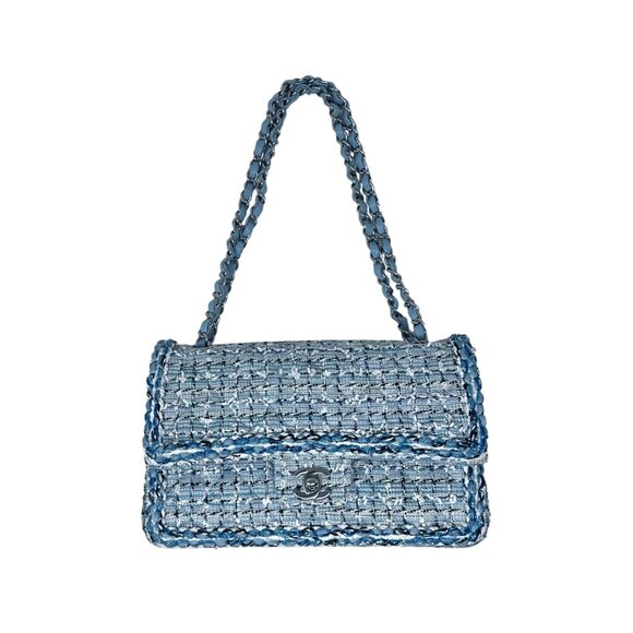 CHANEL19C Blue Braided Tweed Classic Medium Double Flap Bag Silver Hardware - Picture 3 of 14